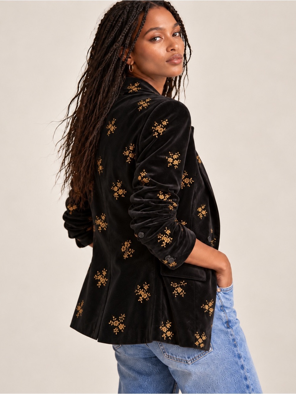 Driftwood Black Velvet Gold Floral Embroidered Blazer Jacket M NWT